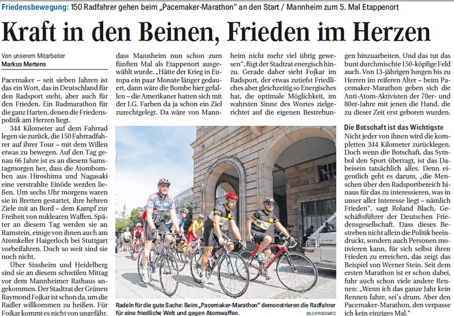 Artikel des Mannheimer Morgen vom 6.8.2011 zum Pacemakers Radamarthon für atomare Abrüstung